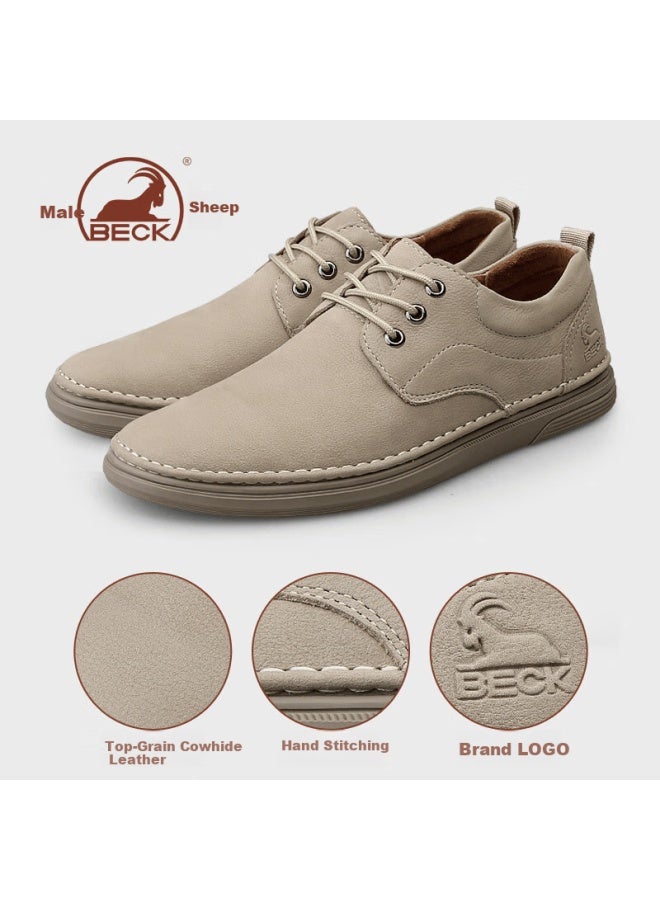 Ram Men's Leather Shoes Spring Summer Breathable Genuine Leather Soft Sole Lightweight Business Casual Shoes Sand Color Size 39
