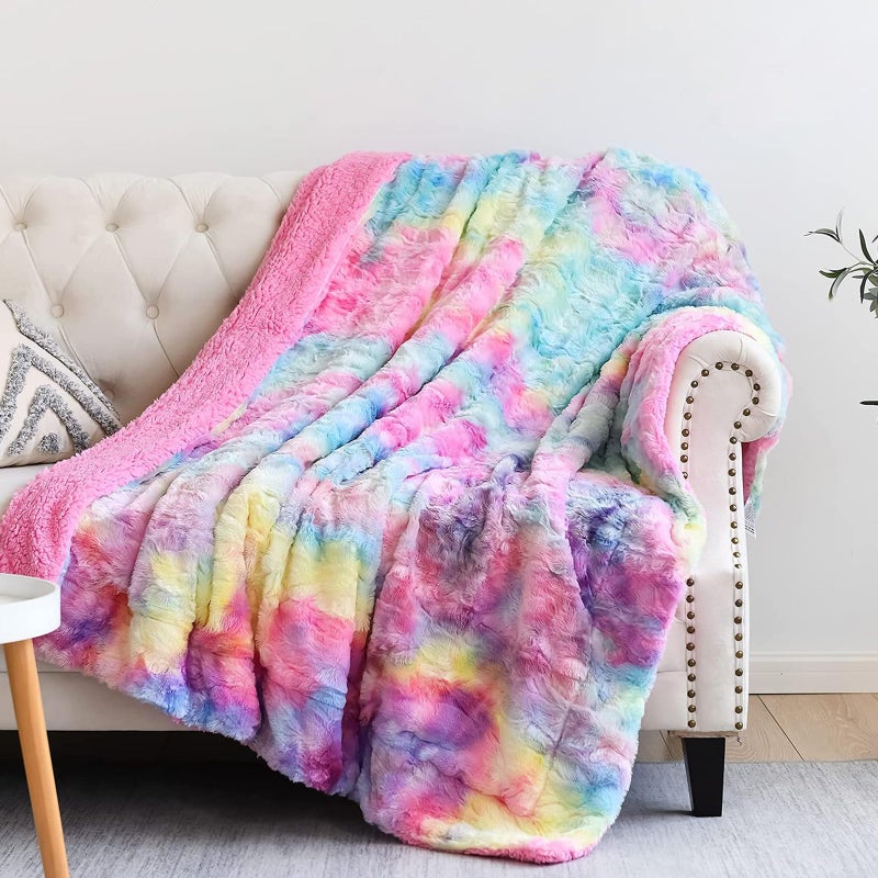 NEWCOSPLAY Super Soft Faux Fur Throw Blanket for Couch Dark Rainbow Sherpa Fuzzy Plush Warm Blanket for Sofa Bed Dark Rainbow Throw40x50