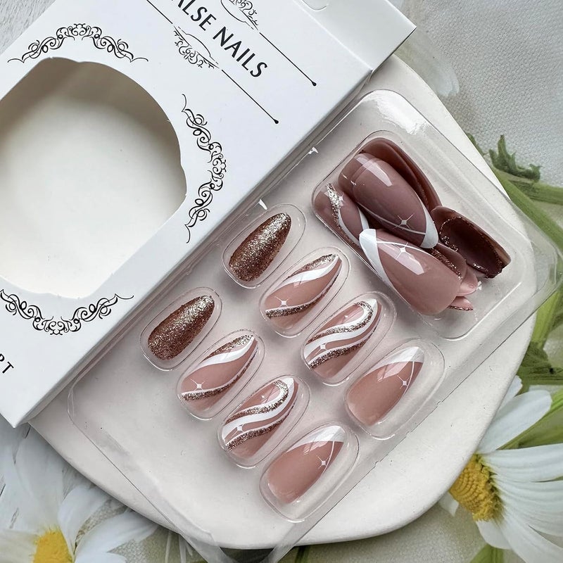 WULIUFLY Wide usage compatibility 24PCS Fall Press on Nails Almond Fake Nails Medium French Tip False Nails with Gold Foil Lines Designs Acrylic Nails Nude Pink Glue on Nails Glossy Medium Artificial Nails Stick on Nails for Women Multi-goal comprehensive design - Image 4