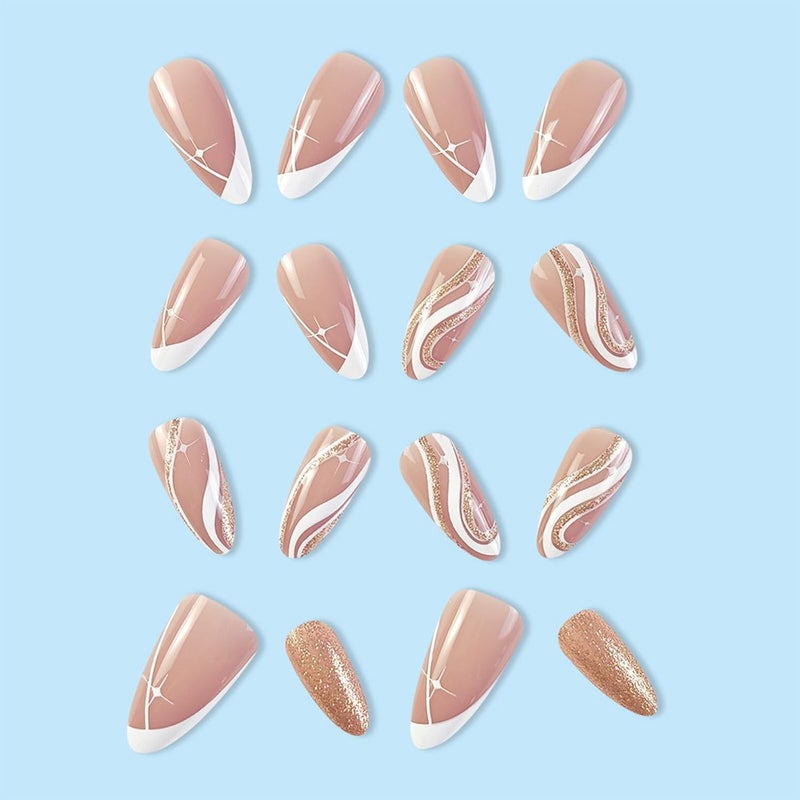 WULIUFLY Wide usage compatibility 24PCS Fall Press on Nails Almond Fake Nails Medium French Tip False Nails with Gold Foil Lines Designs Acrylic Nails Nude Pink Glue on Nails Glossy Medium Artificial Nails Stick on Nails for Women Multi-goal comprehensive design - Image 5