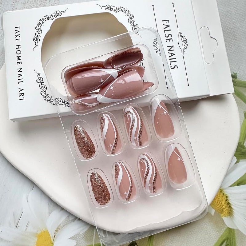 WULIUFLY Wide usage compatibility 24PCS Fall Press on Nails Almond Fake Nails Medium French Tip False Nails with Gold Foil Lines Designs Acrylic Nails Nude Pink Glue on Nails Glossy Medium Artificial Nails Stick on Nails for Women Multi-goal comprehensive design - Image 3