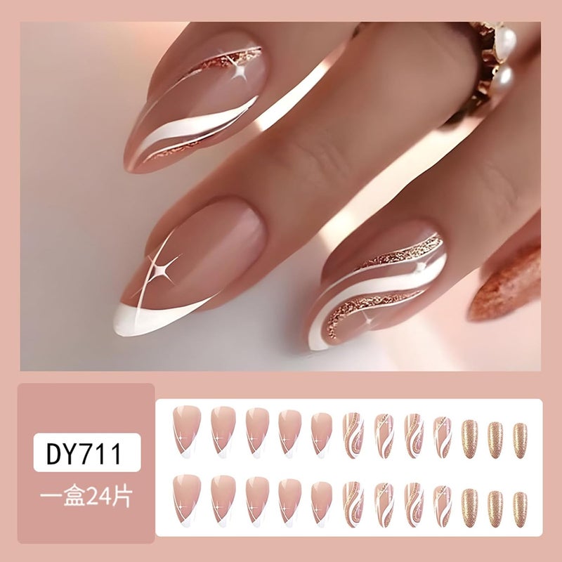 WULIUFLY Wide usage compatibility 24PCS Fall Press on Nails Almond Fake Nails Medium French Tip False Nails with Gold Foil Lines Designs Acrylic Nails Nude Pink Glue on Nails Glossy Medium Artificial Nails Stick on Nails for Women Multi-goal comprehensive design - Image 2