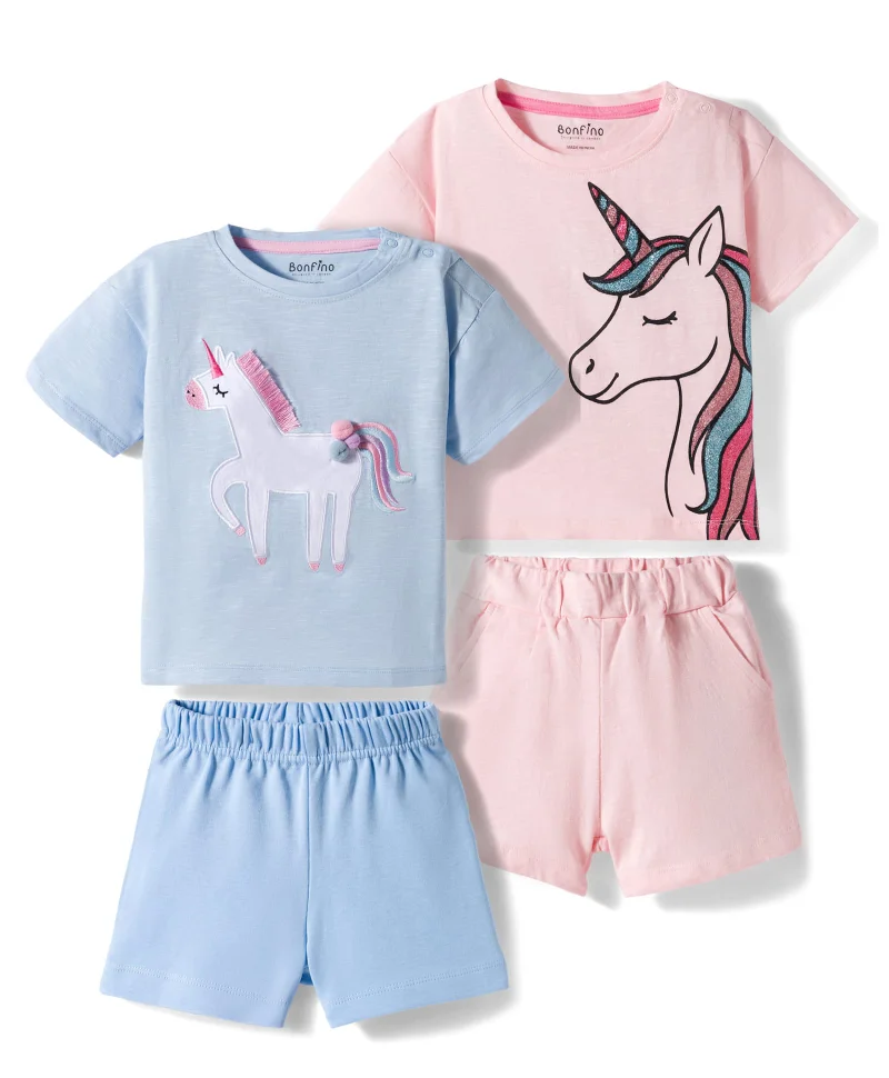 Bonfino Bonfino 100% Cotton Printed Sleeves T-Shirt & Short Set (Pack Of 2) - Multicolor