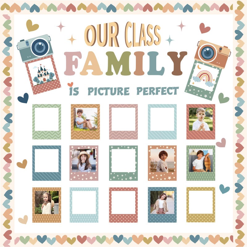 Sereliy 85PCS Our Class is a Family Bulletin Board, Boho Classroom Bulletin Board Decorations Sets, Boho Classroom Decor Welcome Picture Frame Theme Sets for Teachers Chalkboard Wall Door Decoration - Image 1