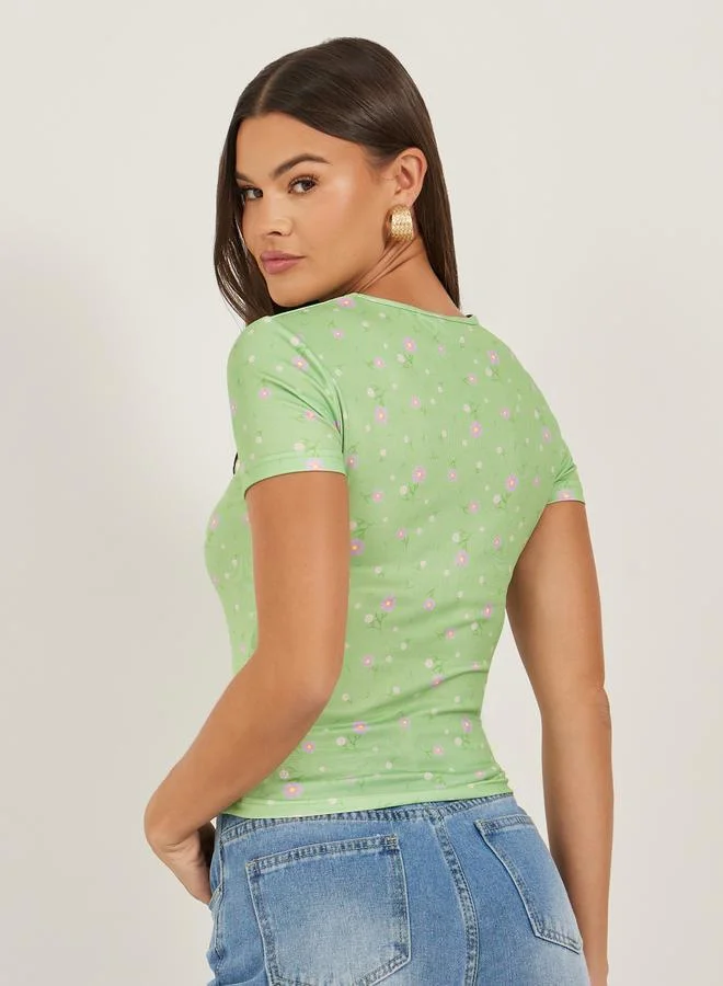 Styli Ribbed Printed Round Neck Fitted T-Shirt