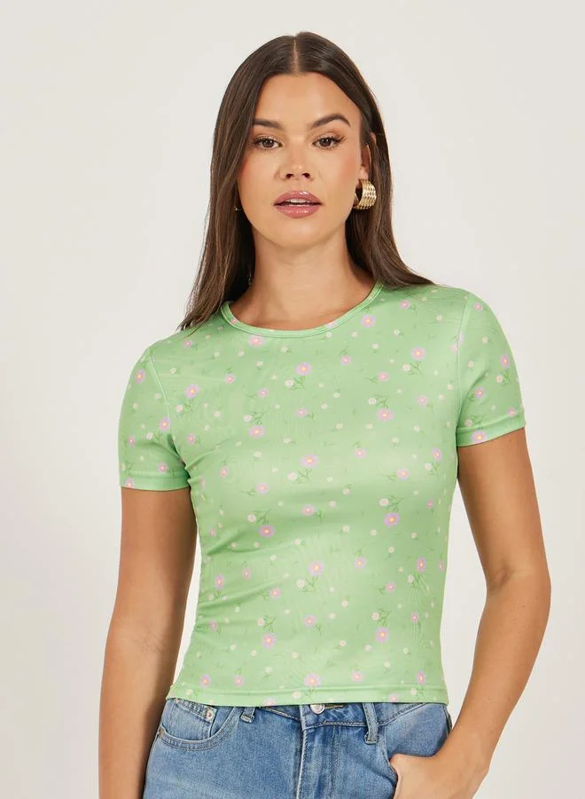 Styli Ribbed Printed Round Neck Fitted T-Shirt