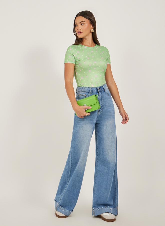 Styli Ribbed Printed Round Neck Fitted T-Shirt - Image 2