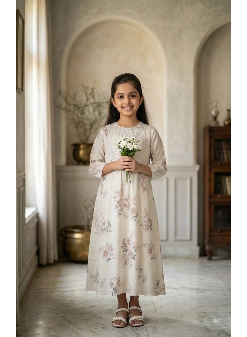 HANA & SARA Girls Viscose Blended Digital Print Floral Arabic Jalabiya – Lightweight Modest Wear Dress - Image 1
