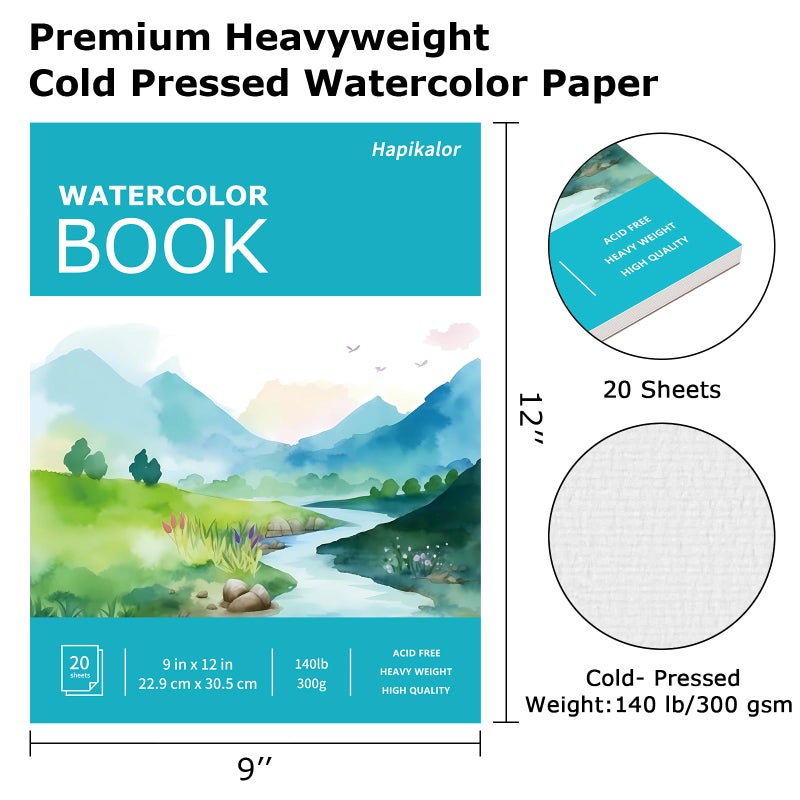 Hapikalor Watercolor Paper Pad, 9"x12" Water Color Paper, 140lb/300gsm Artist Painting Drawing Paper Book, Art Supplies for Adults Kids, Watercolors, Watercolor Paint Set, Sketchbook, Journal, Teal - Image 2