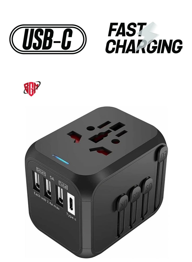 BGM Universal Travel Adapter Plug with 3 USB & 1 Type-C Port,Fast Wall Plug Adapter Socket with UK/EU/AU/US Plugs,Multiport Charger Plug Converter - Image 1