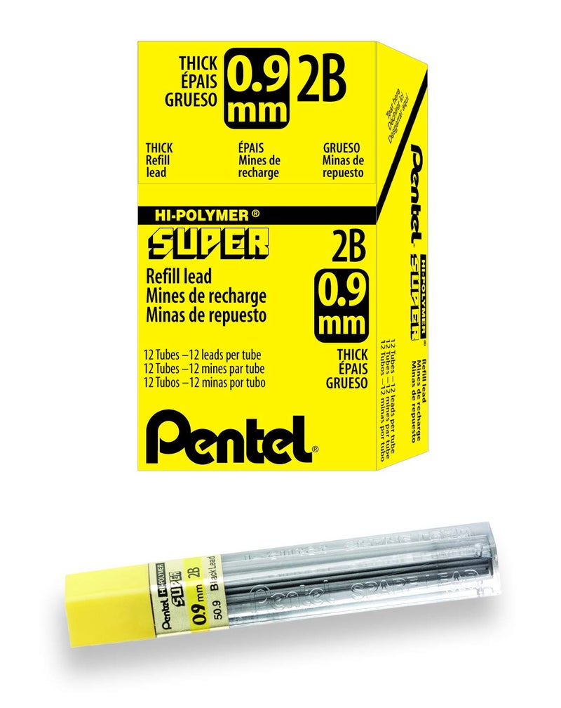Pentel Super Hi-Polymer Lead Refill, 0.9mm Thick, 2B, 180 Pieces of Lead (50-9-2B),Gray - Image 1