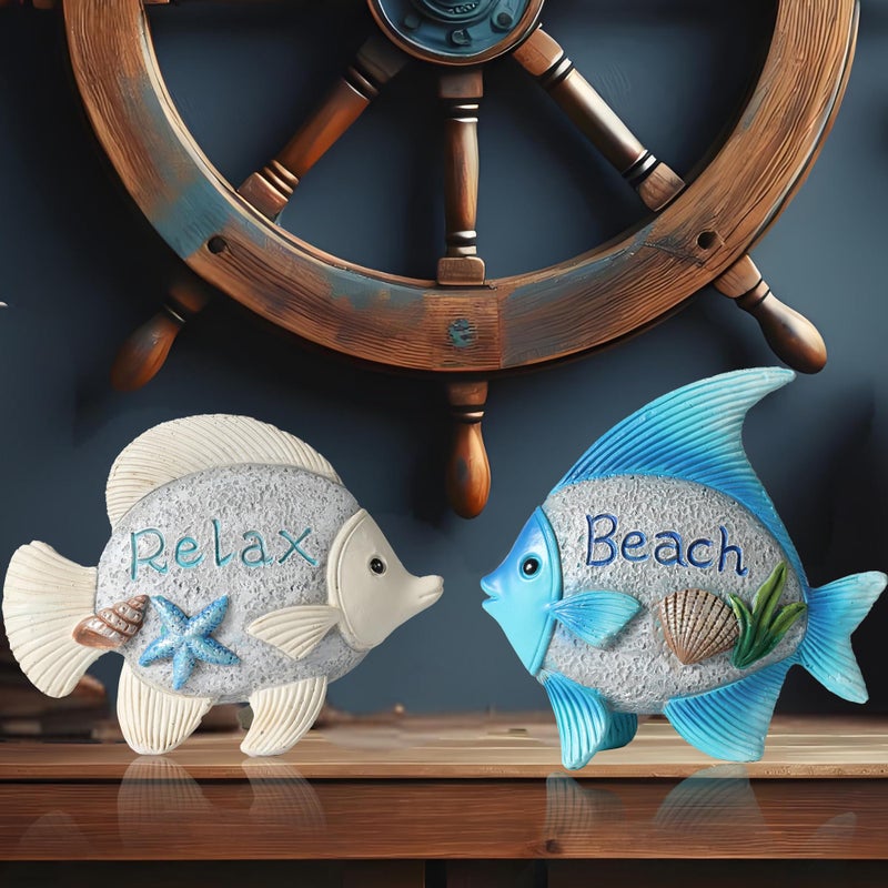 GoGnome Coastal Charm Resin Fish Figurines - Set of 2 Decorative Relax & Beach Decor Nautical Themed 4.4'' Statues for Home Hotel (Fishes) - Image 1