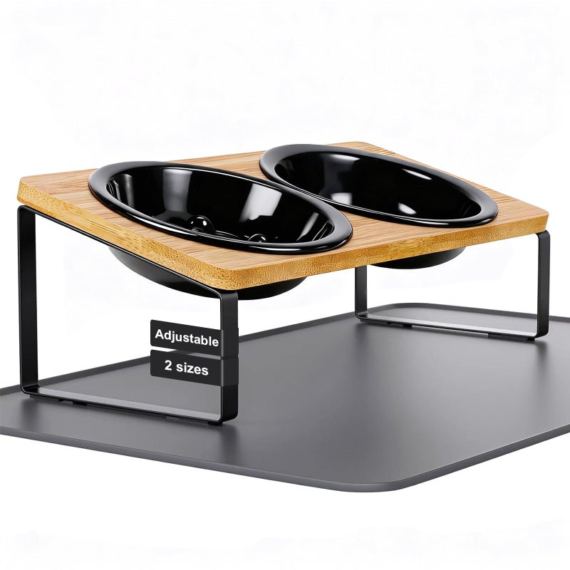 LEAWALK Upgraded Adjustable Height Cat Food Bowls Stand Ceramic Dog Bowls and Slow Feeder Cat Bowl, 15Â°Tilted Stand Anti Vomiting Raised for Small and Medium Sized Cats Dogs (Black (2 Bowl+Pet mat)) - Image 1