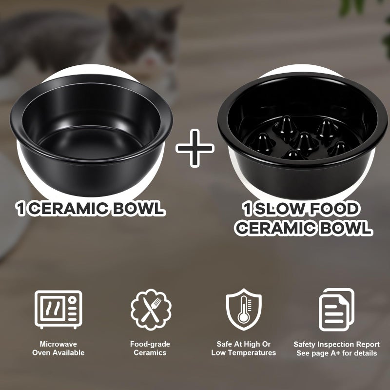 LEAWALK Upgraded Adjustable Height Cat Food Bowls Stand Ceramic Dog Bowls and Slow Feeder Cat Bowl, 15Â°Tilted Stand Anti Vomiting Raised for Small and Medium Sized Cats Dogs (Black (2 Bowl+Pet mat)) - Image 4