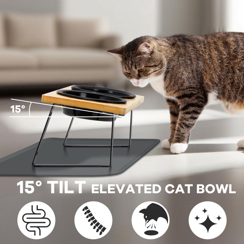 LEAWALK Upgraded Adjustable Height Cat Food Bowls Stand Ceramic Dog Bowls and Slow Feeder Cat Bowl, 15Â°Tilted Stand Anti Vomiting Raised for Small and Medium Sized Cats Dogs (Black (2 Bowl+Pet mat)) - Image 3