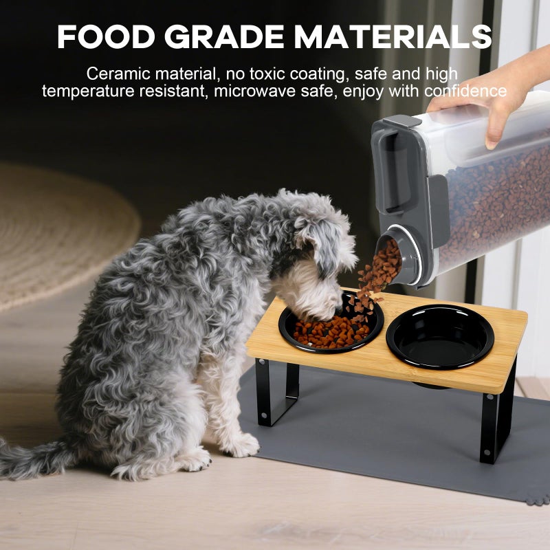 LEAWALK Upgraded Adjustable Height Cat Food Bowls Stand Ceramic Dog Bowls and Slow Feeder Cat Bowl, 15Â°Tilted Stand Anti Vomiting Raised for Small and Medium Sized Cats Dogs (Black (2 Bowl+Pet mat)) - Image 2