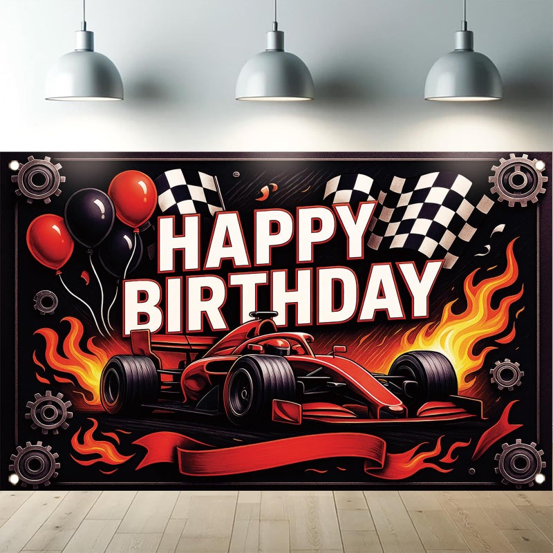 Saoplasa Formula 1 Racing Happy Birthday Backdrop Banner F1 Car Photography Background Racing Party Decorations Photo Booth Supplies 71x43 Inch - Image 1