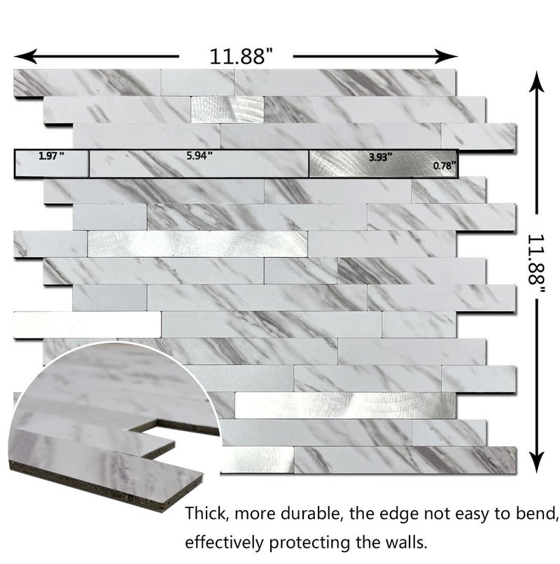 weimeisc 10 Sheets Peel and Stick Backsplash Tile for Kitchen, Self-Adhesive Mosaic Tile, Stick on Bathroom Vanities，Fireplace Décor, Laundry Table (White Marble+Frosted Silver) - Image 2