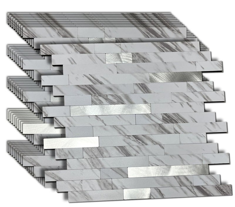 weimeisc 10 Sheets Peel and Stick Backsplash Tile for Kitchen, Self-Adhesive Mosaic Tile, Stick on Bathroom Vanities，Fireplace Décor, Laundry Table (White Marble+Frosted Silver) - Image 1