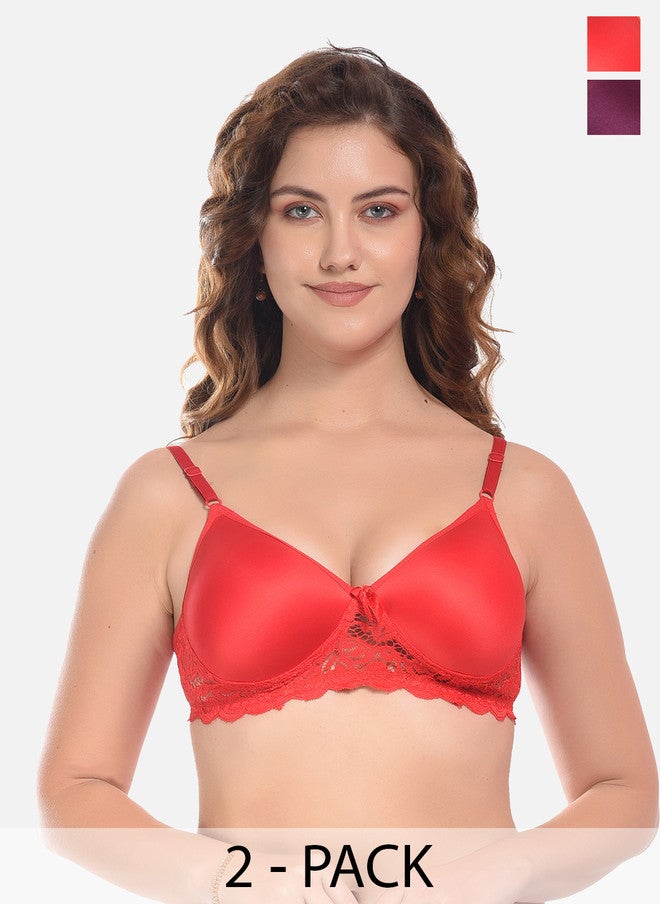 FIMS Red & Purple Pack of 2 Cotton Lightly Padded Bra - Image 1