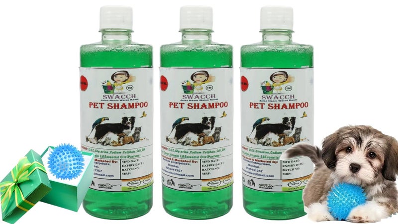 swacch Shampoo | Puppy Safe Shampoo | PH Balanced | Ditch to Itch for Pet Shampoo 500ml Pack of 3 (Neem Alovera) + Spike Ball Chew Toy Combo Pack - Image 1