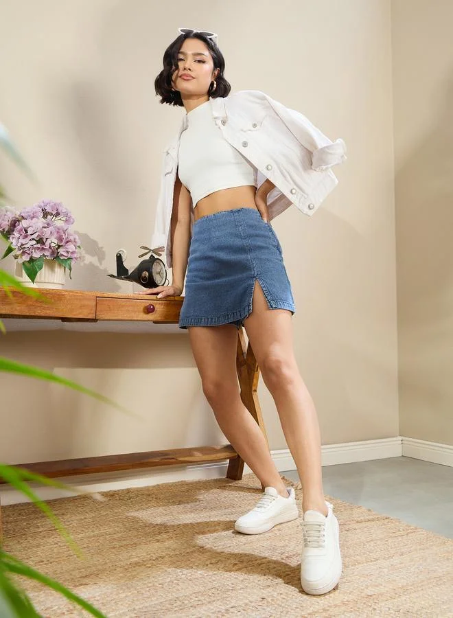 SASSAFRAS Navy Denim Side Slit Mini Skorts