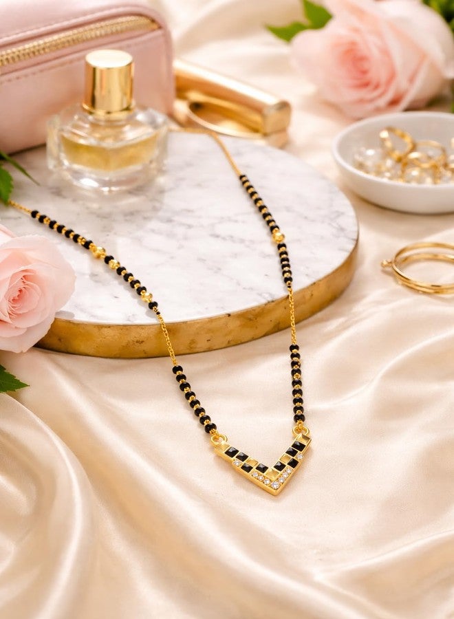 VIEN Gold Plated Mangalsutra Necklace for Women with Black Beads & CZ Stones, Traditional & Modern V-Shape Pendant Chain, Wedding Daily Wear Jewellery Gift for Wife - Image 4