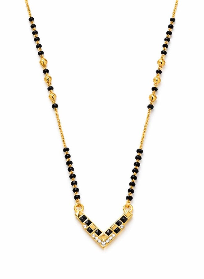 VIEN Gold Plated Mangalsutra Necklace for Women with Black Beads & CZ Stones, Traditional & Modern V-Shape Pendant Chain, Wedding Daily Wear Jewellery Gift for Wife - Image 1