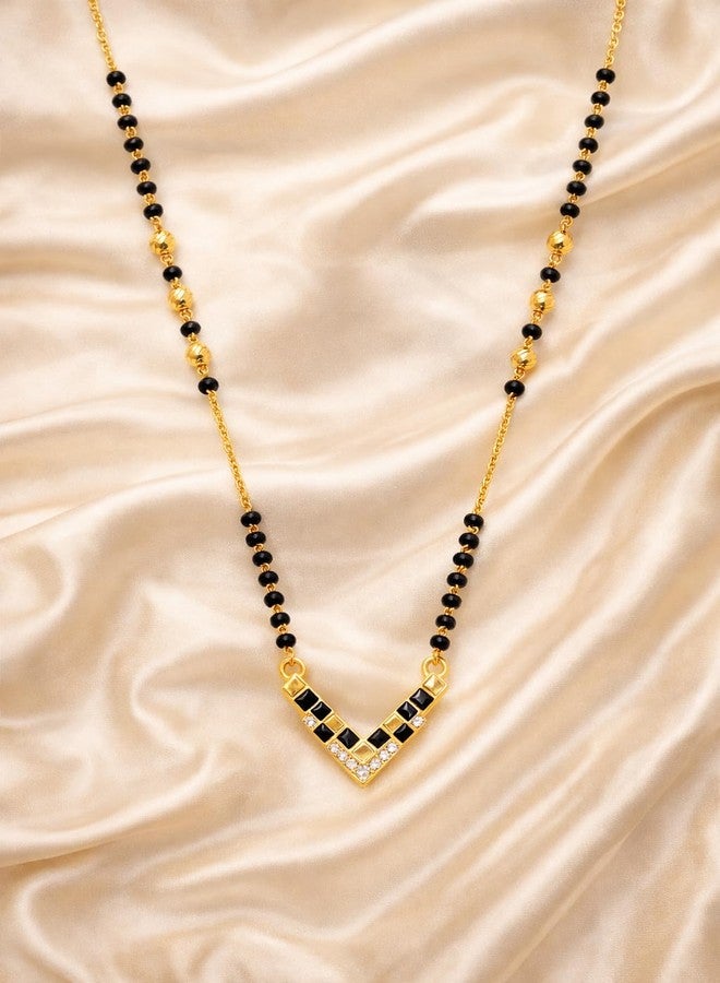 VIEN Gold Plated Mangalsutra Necklace for Women with Black Beads & CZ Stones, Traditional & Modern V-Shape Pendant Chain, Wedding Daily Wear Jewellery Gift for Wife - Image 3