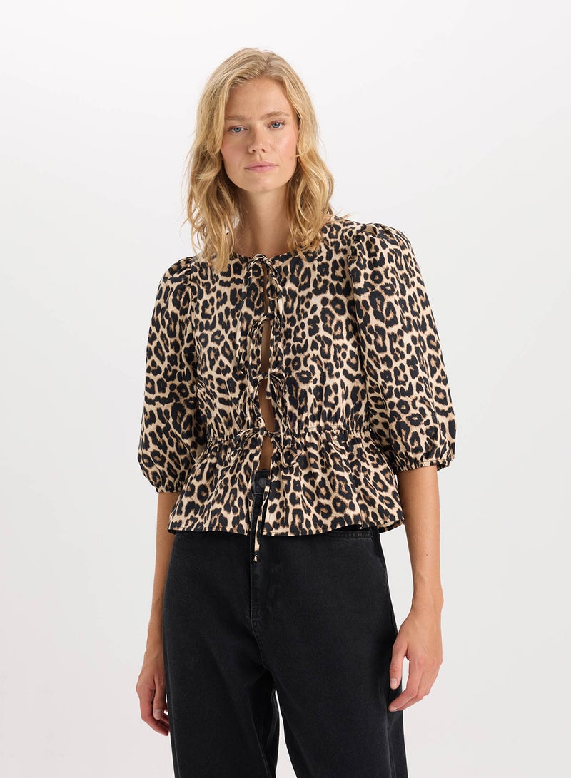 DeFacto Fitted Round Neck Leopard Print Front-Tied Poplin Long Sleeve Blouse  - Image 1