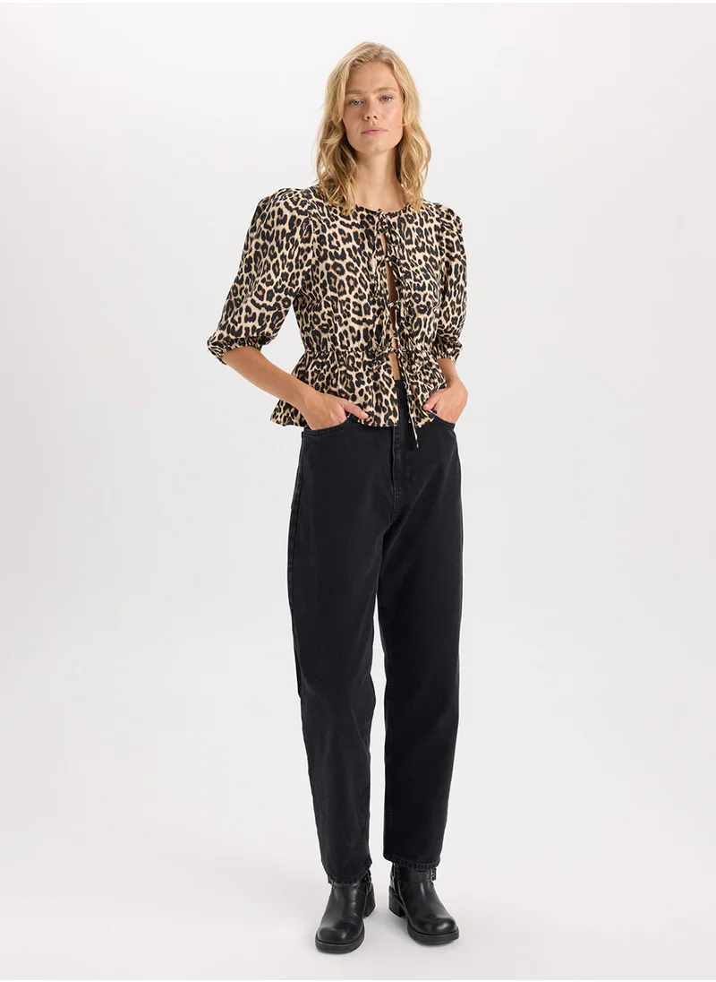 DeFacto Fitted Round Neck Leopard Print Front-Tied Poplin Long Sleeve Blouse