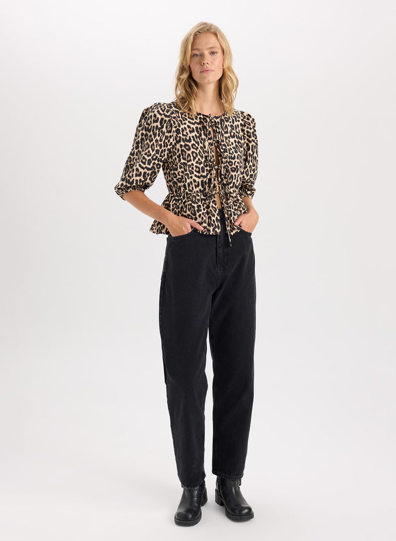 DeFacto Fitted Round Neck Leopard Print Front-Tied Poplin Long Sleeve Blouse  - Image 5