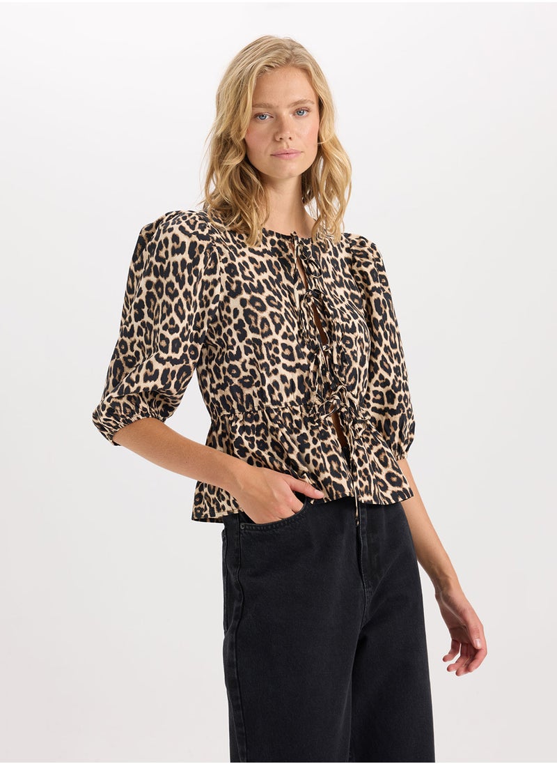 Fitted Round Neck Leopard Print Front-Tied Poplin Long Sleeve Blouse - pzsku/Z4894334886869ABBF542Z/45/_/1729508009/c7ffc21c-0004-48ee-953e-a5d695c64a83