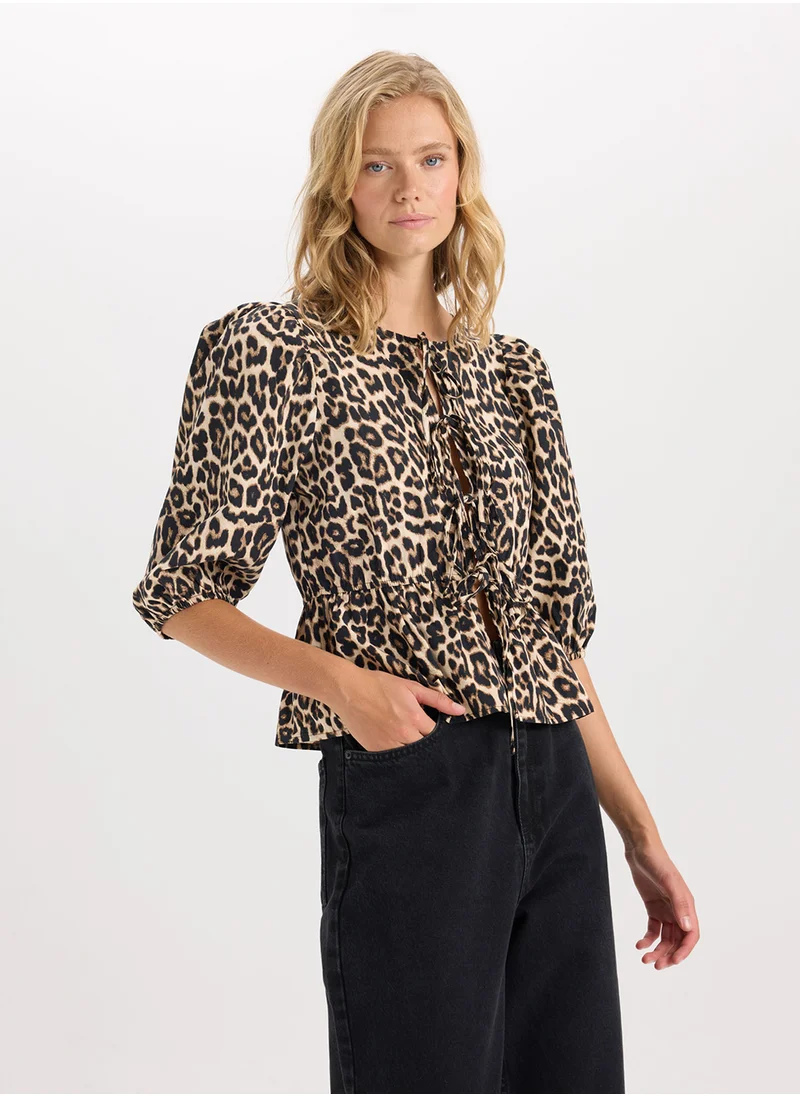 DeFacto Fitted Round Neck Leopard Print Front-Tied Poplin Long Sleeve Blouse
