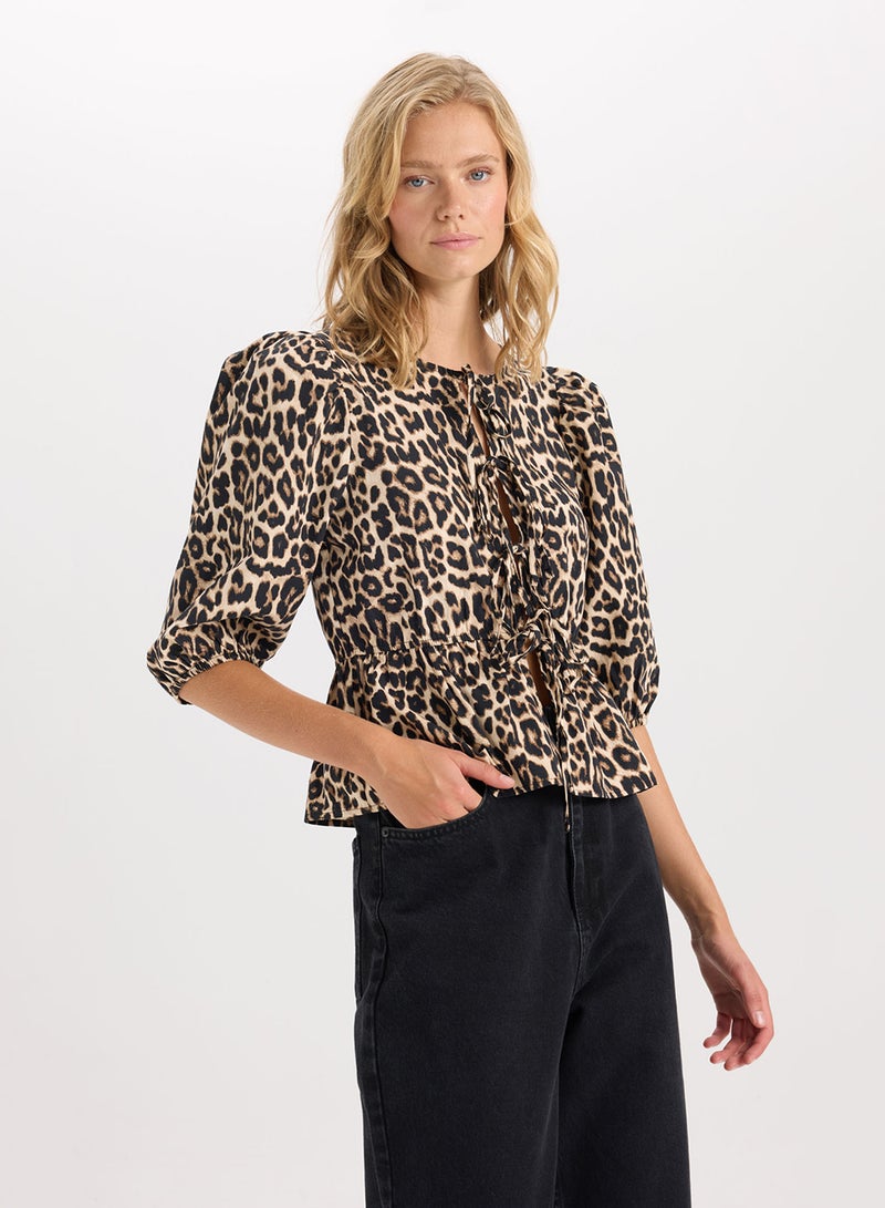 DeFacto Fitted Round Neck Leopard Print Front-Tied Poplin Long Sleeve Blouse  - Image 3