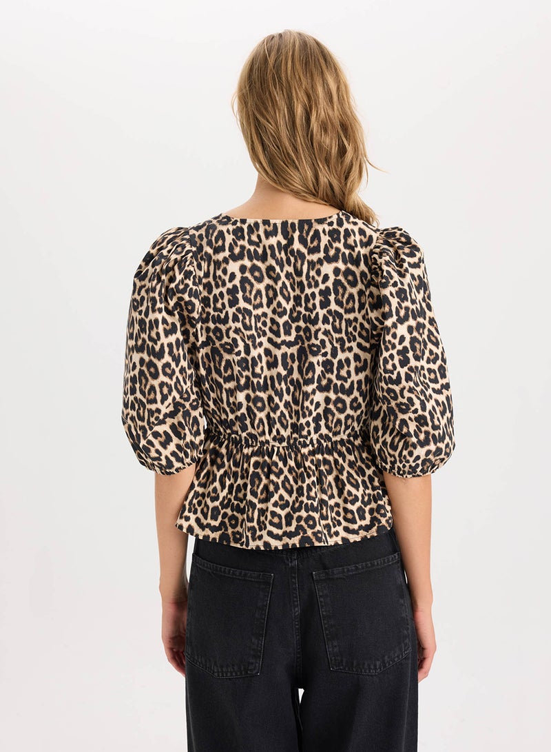 DeFacto Fitted Round Neck Leopard Print Front-Tied Poplin Long Sleeve Blouse  - Image 2