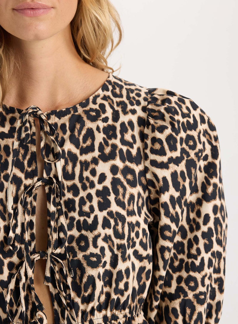 DeFacto Fitted Round Neck Leopard Print Front-Tied Poplin Long Sleeve Blouse  - Image 4