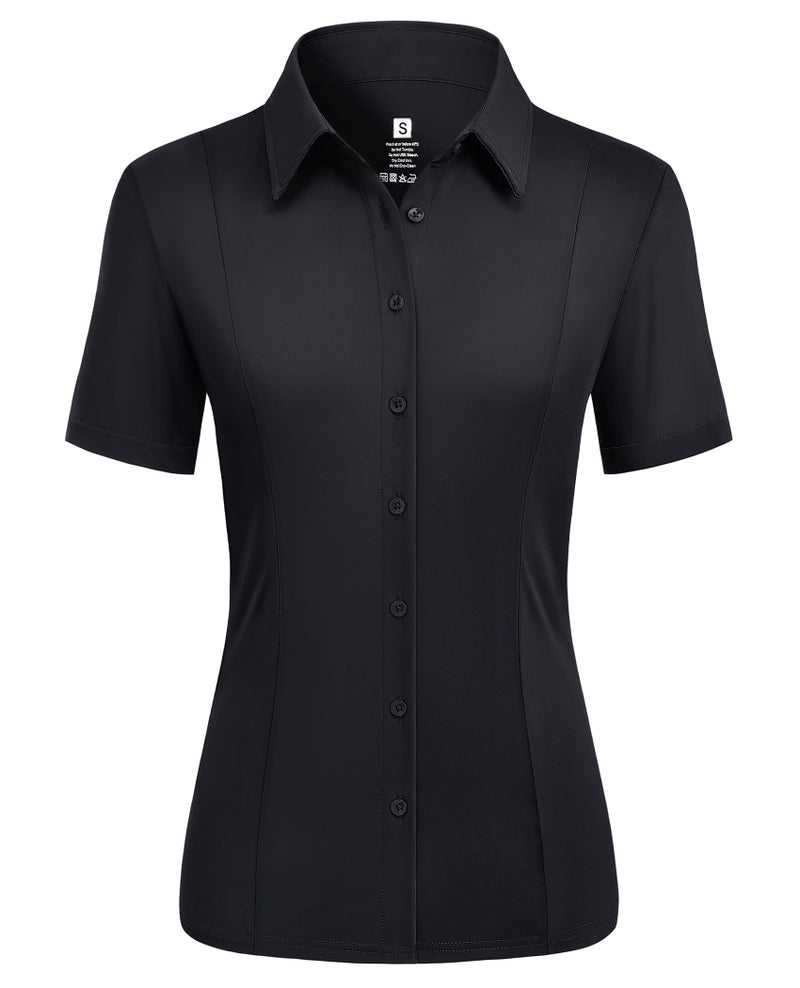 Gleeivy Black Button Up Shirt Women Short Sleeve Stretch Dress Shirts for Women Wrinkle Free Collared Top Business Fitted Office Work Blouse Black L - Image 1