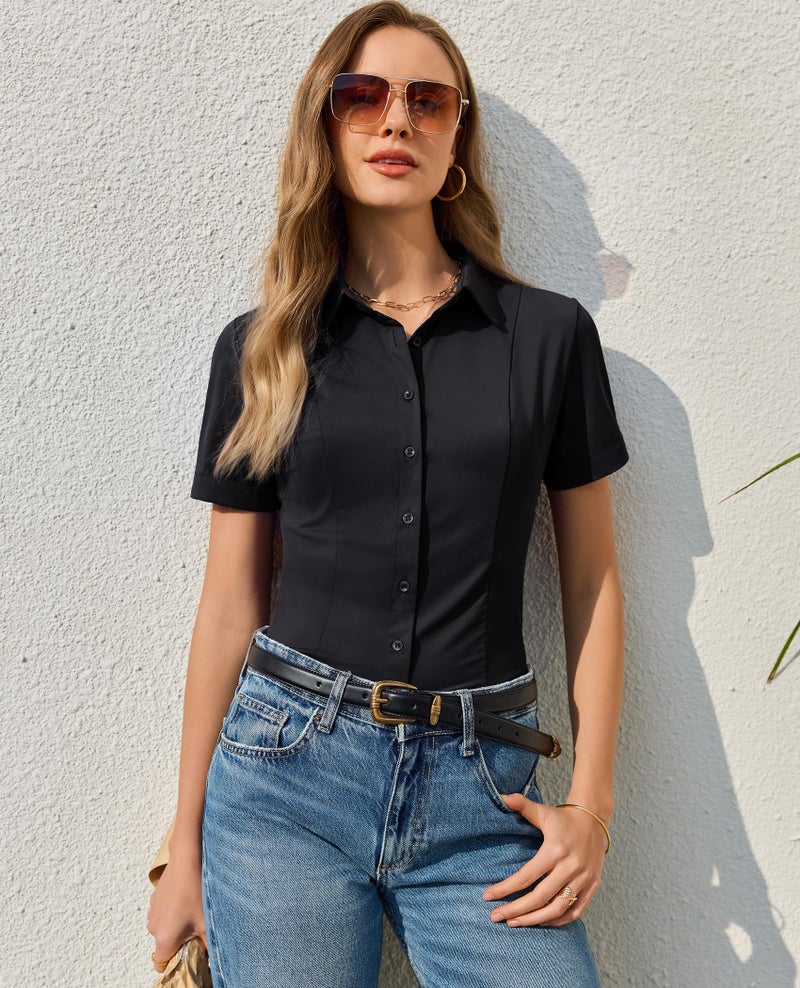 Gleeivy Black Button Up Shirt Women Short Sleeve Stretch Dress Shirts for Women Wrinkle Free Collared Top Business Fitted Office Work Blouse Black L - Image 5