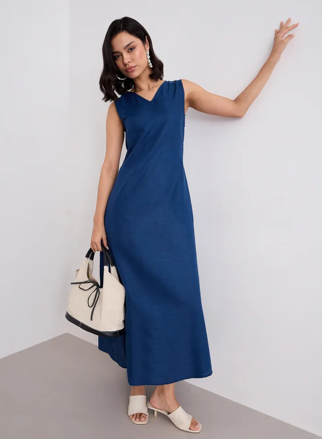 ستايلي Styli Blue Solid Sleeveless A-Line Maxi Dress