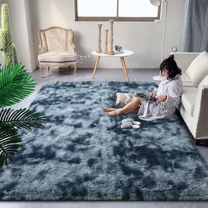 DweIke Fluffy Blue Grey Rugs for Bedroom Living Room 6x9 Large Soft Plush Shaggy TieDyed Navy Blue Gray Girls Boys Kids Rug Upgraded NonSlip and Machine Washable Carpet for Dorm Nursery Decor