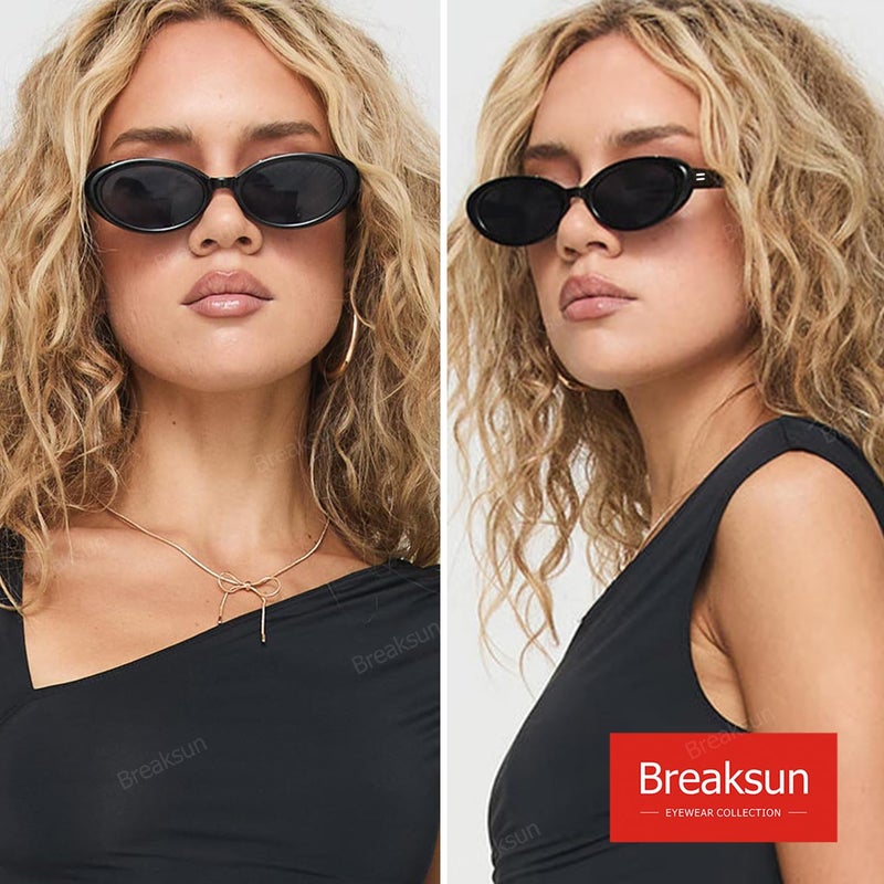 Breaksun Retro Oval Sunglasses for Women Men Fashion Small Oval Sunglasses 90s Vintage Shades (Black/Grey+ G15+ Beige) - Image 2