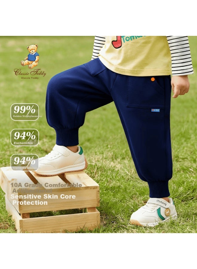 Classic Teddy Kids Pants Boys Girls Sweatpants Mid-child Spring Cotton Sports Casual Trousers Dark Blue 110