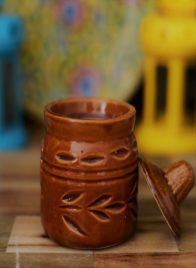 SHRIYAM CRAFT برطمان تخزين مخلل من السيراميك المطلي يدويًا من شريام كرافت، لون كريمي (بني) | 250 غرام - Image 2