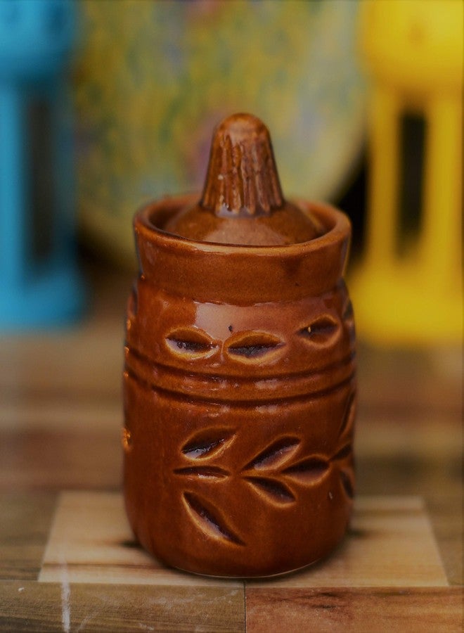 SHRIYAM CRAFT برطمان تخزين مخلل من السيراميك المطلي يدويًا من شريام كرافت، لون كريمي (بني) | 250 غرام - Image 1
