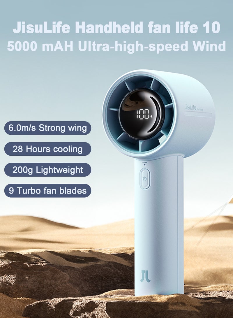 JISULIFE JISULIFE Portable Handheld Fan Life10, Turbo Power High Speed Air [28H Max Cooling Time], 5 Gear Wind, 5000mAh Rechargeable, Mini Pocket Design, Personal Fan for for Women Men Travel Camping Outdoor - Blue  - Image 1