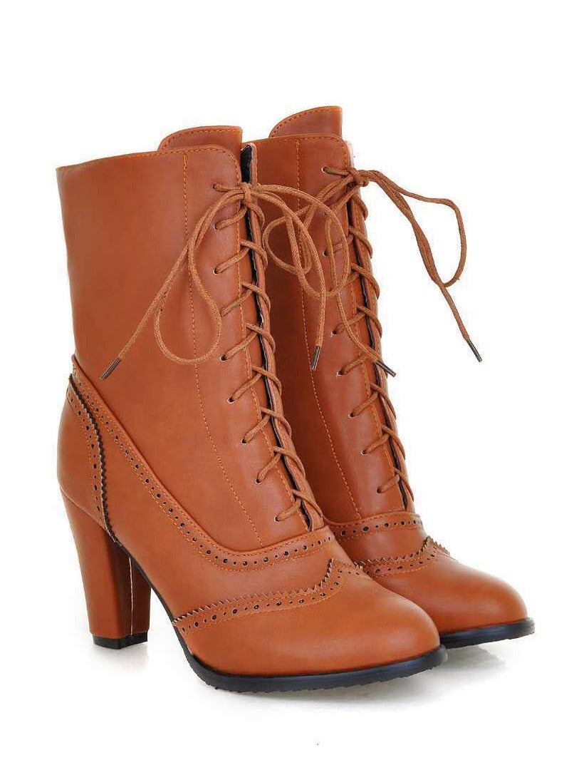 Loquat Women's Low Heel Lace Up Ankle Boots Pointed-toe Side Zipper Short Booties Brown