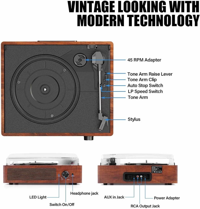 cotsoco Vinyl Record Player Turntable with Built-in Bluetooth Receiver & 2 Stereo Speakers, 3 Speed 3 Size Portable Retro Record Player for Entertainment and Home Decoration - Image 2