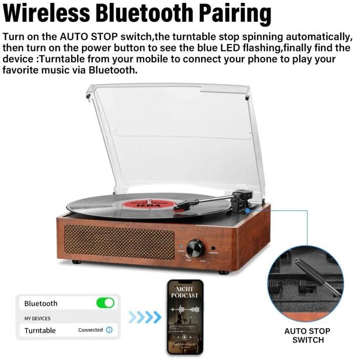 cotsoco Vinyl Record Player Turntable with Built-in Bluetooth Receiver & 2 Stereo Speakers, 3 Speed 3 Size Portable Retro Record Player for Entertainment and Home Decoration - Image 3