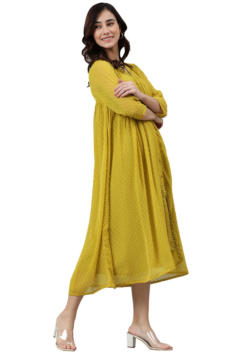 Janasya Women's Mustard Poly Chiffon Self Design Frontslit Dress - Image 2